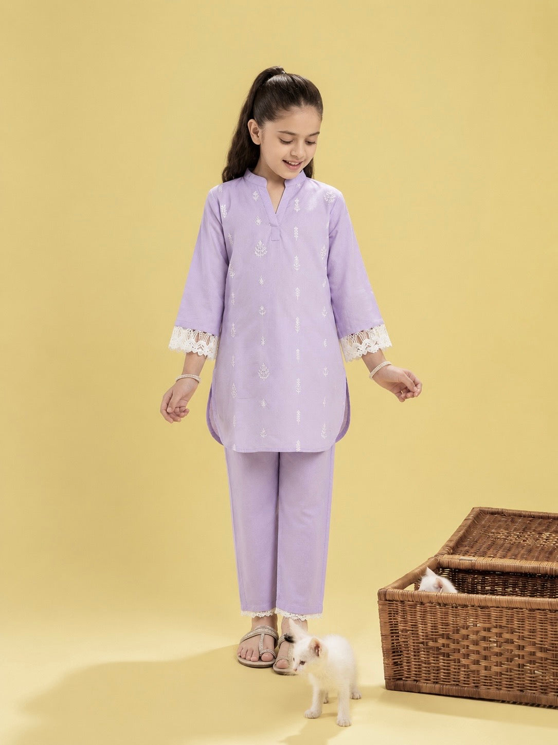 Girls Embroidered Light Purple Cotton 2 Piece Suit –