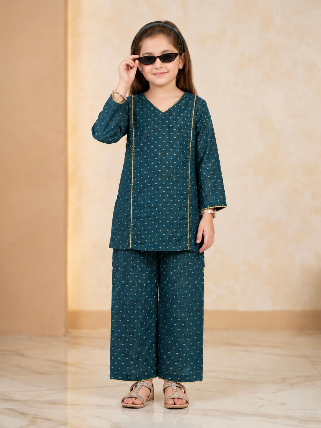 Girls Teal Blue Polka Dot Casual Wear 2 Piece Suit