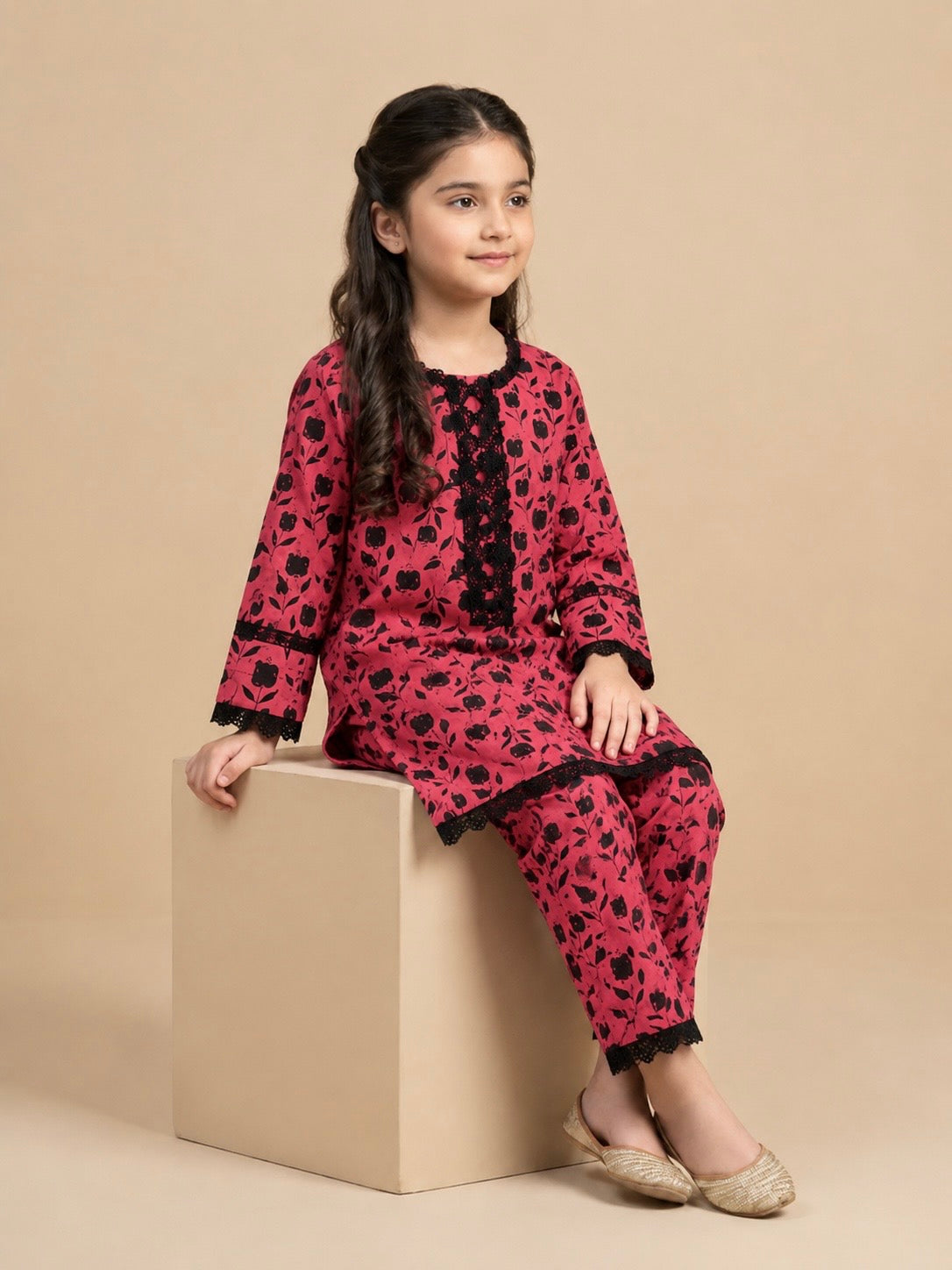 Girls Printed Cotton 2 Piece Suit – Maroon & Black