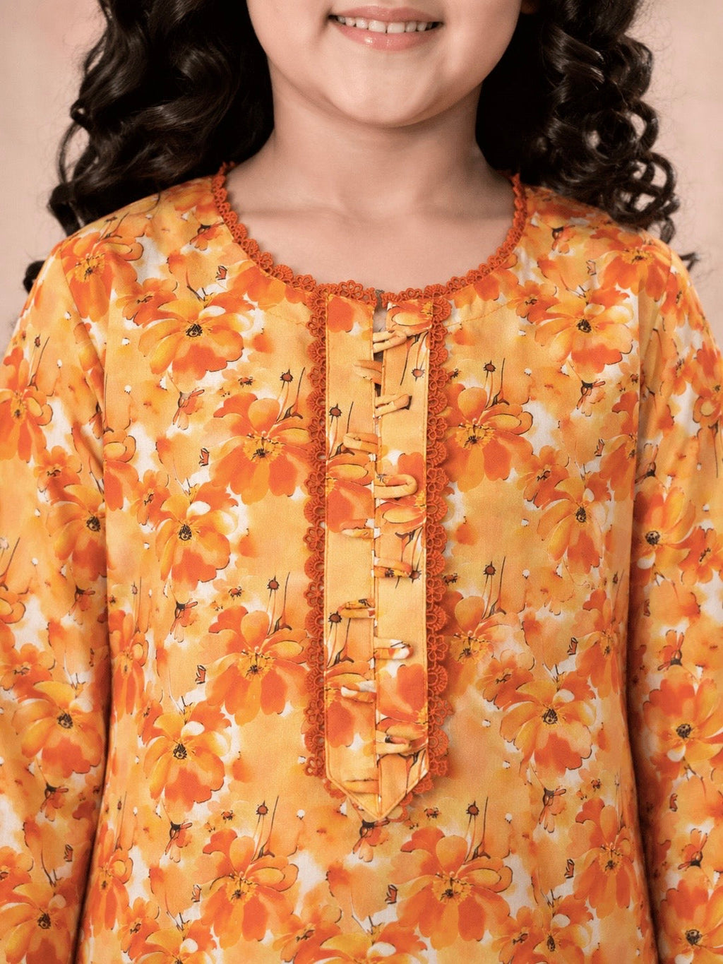 Girls Printed Cotton 2 Piece Suit – Orange Floral Casual Wear