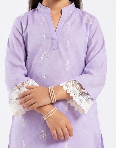 Girls Embroidered Light Purple Cotton 2 Piece Suit –