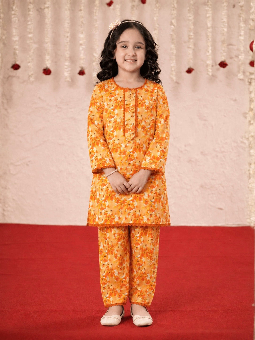 Girls Printed Cotton 2 Piece Suit – Orange Floral Casual Wear