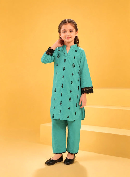 Girls Embroidered Cotton Sea Green 2 Piece Suit