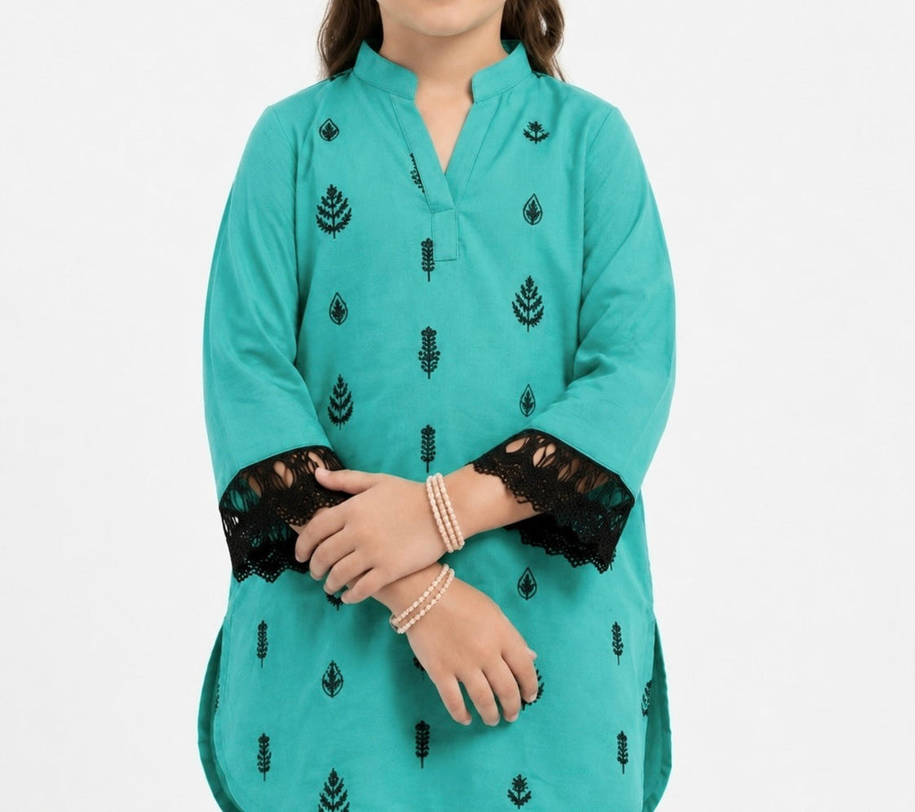 Girls Embroidered Cotton Sea Green 2 Piece Suit