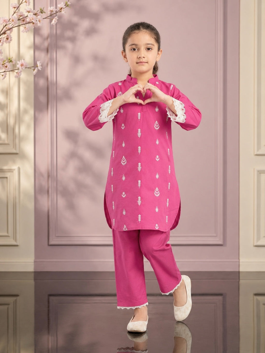 Girls Embroidered Cotton Pink 2 Piece Suit