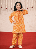 Girls Printed Cotton 2 Piece Suit – Orange Floral Casual Wear