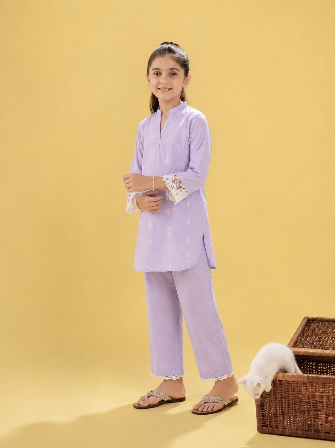 Girls Embroidered Light Purple Cotton 2 Piece Suit –
