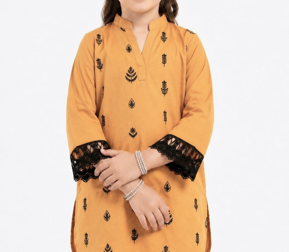Girls Embroidered Mustard Cotton 2 Piece Suit –