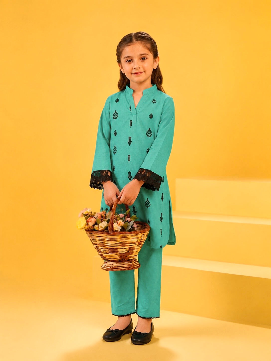 Girls Embroidered Cotton Sea Green 2 Piece Suit
