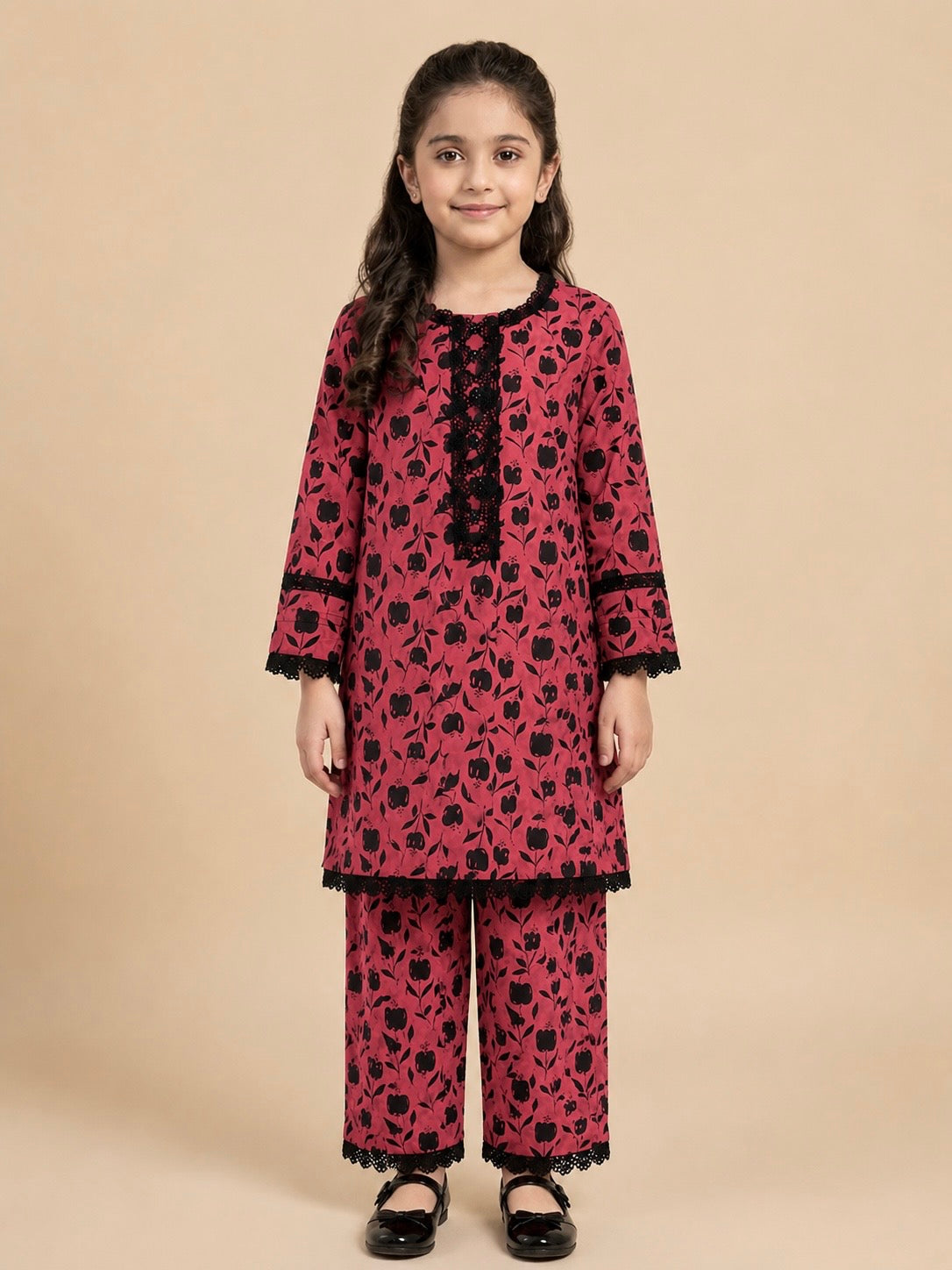 Girls Printed Cotton 2 Piece Suit – Maroon & Black