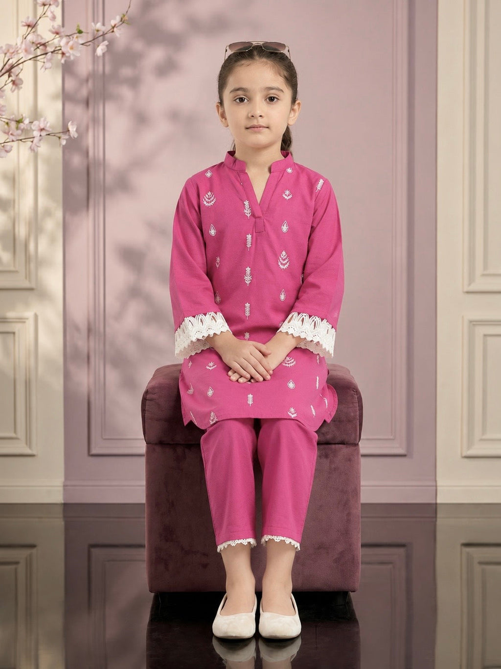 Girls Embroidered Cotton Pink 2 Piece Suit