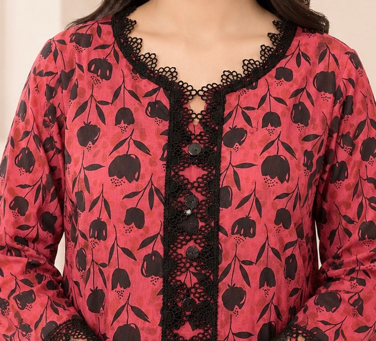 Girls Printed Cotton 2 Piece Suit – Maroon & Black