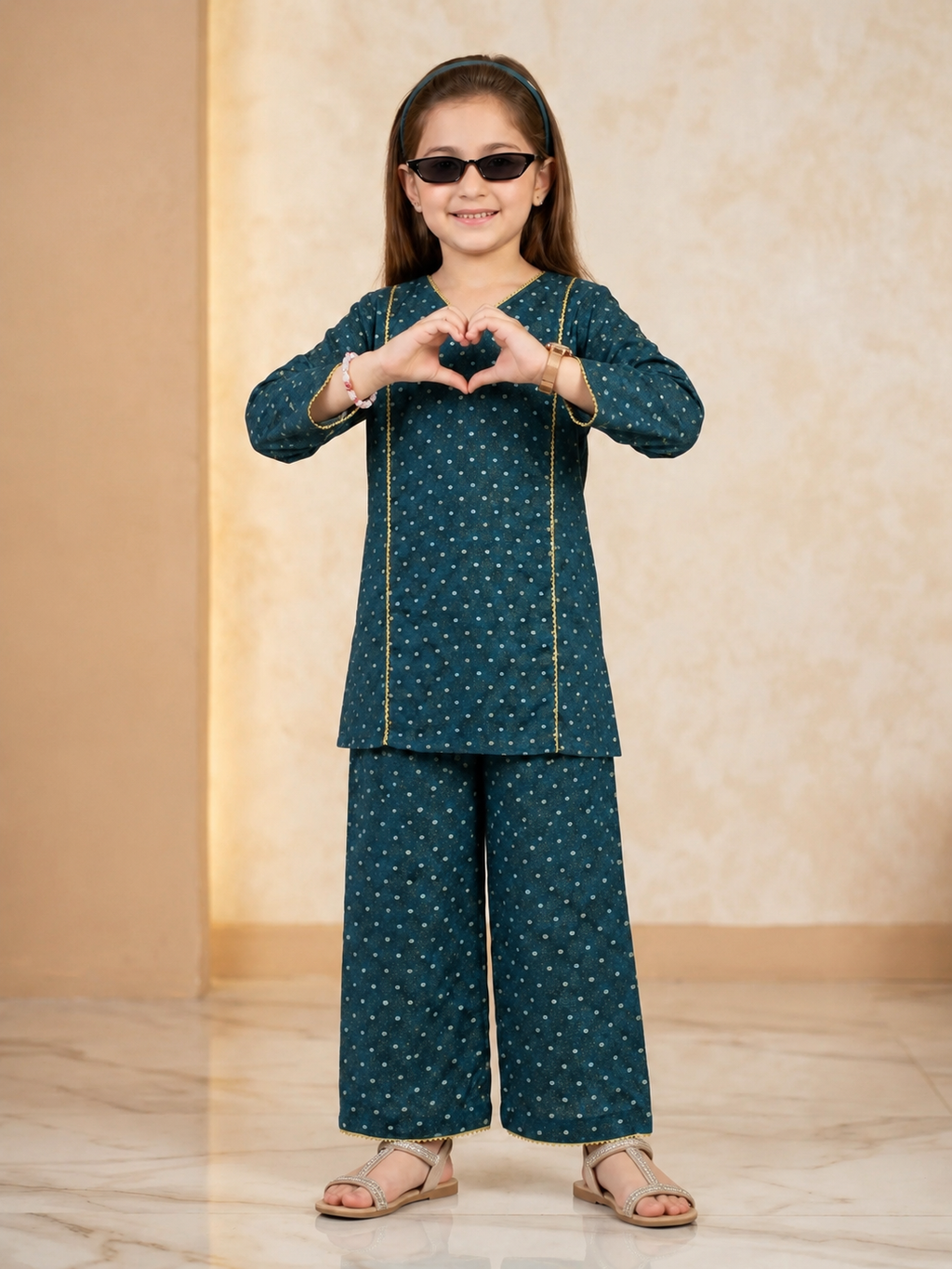 Girls Teal Blue Polka Dot Casual Wear 2 Piece Suit