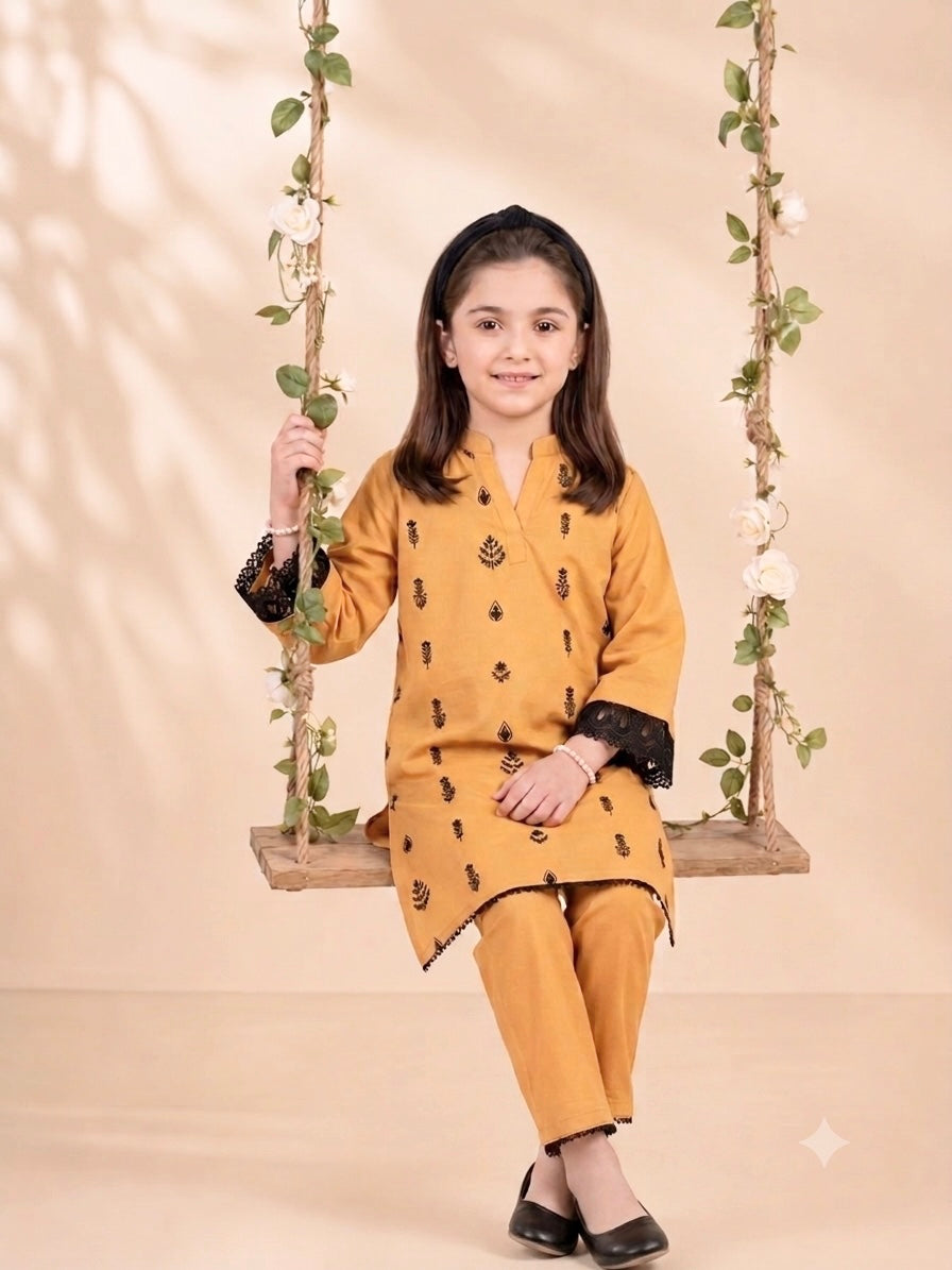 Girls Embroidered Mustard Cotton 2 Piece Suit –