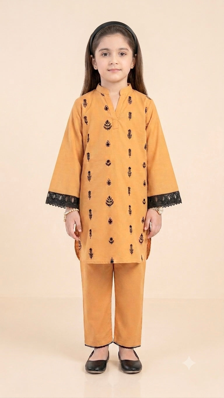 Girls Embroidered Mustard Cotton 2 Piece Suit –