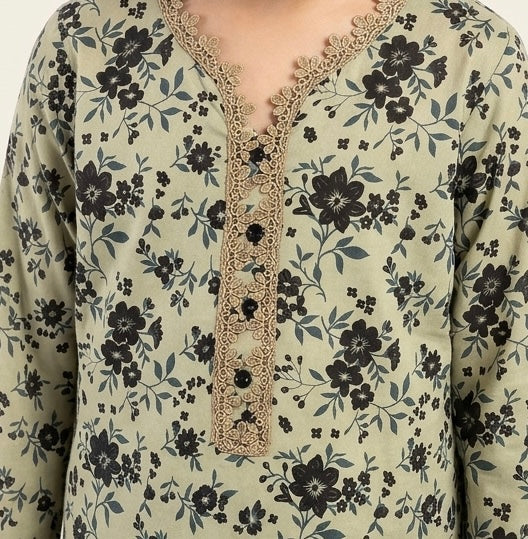 Girls Beige & Black Floral Printed Cotton 2-Piece Suit