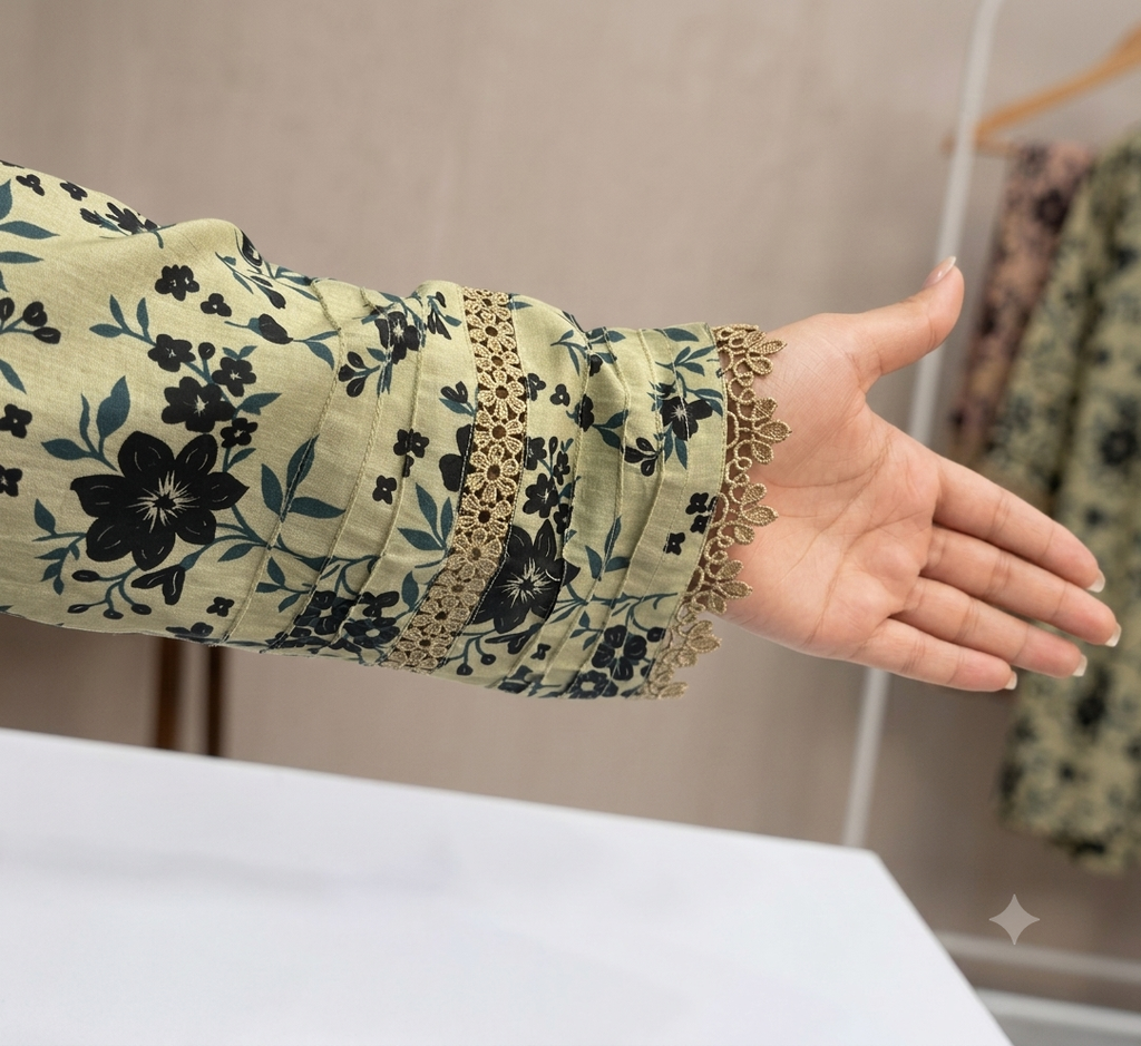 Girls Beige & Black Floral Printed Cotton 2-Piece Suit
