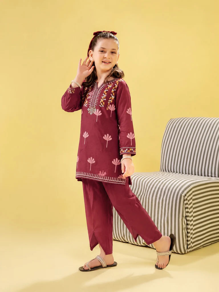 Girls Maroon Printed Cotton Embroidered 2-Piece Suit