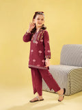 Girls Maroon Printed Cotton Embroidered 2-Piece Suit