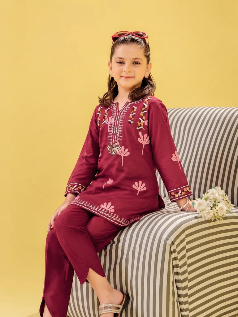 Girls Maroon Printed Cotton Embroidered 2-Piece Suit