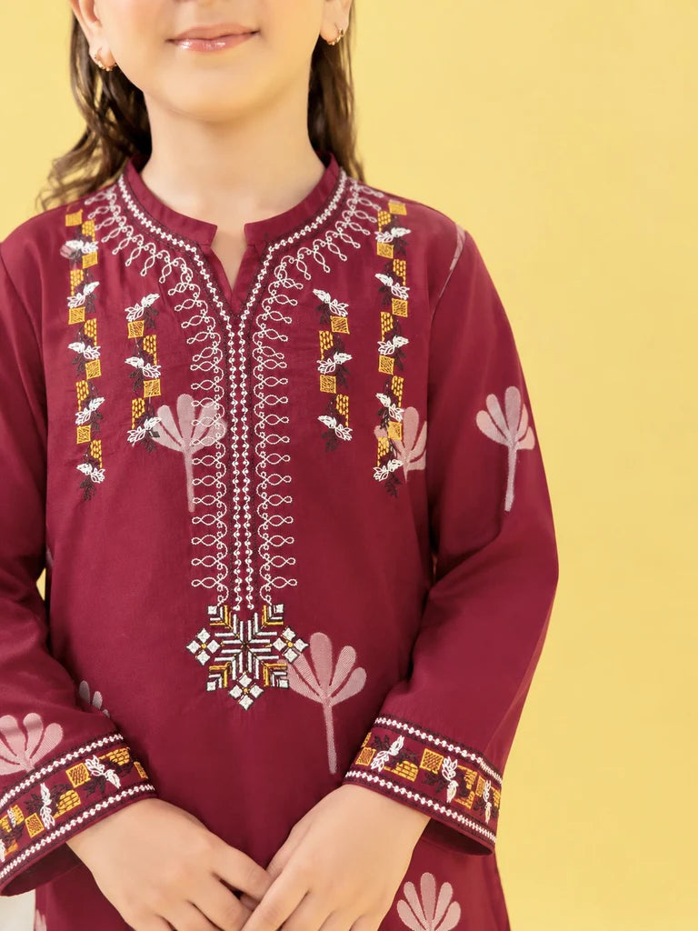 Girls Maroon Printed Cotton Embroidered 2-Piece Suit